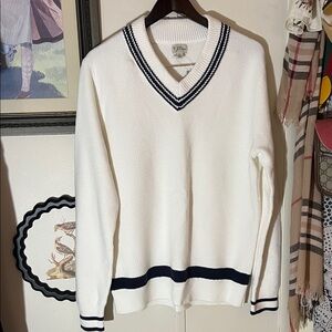 J. Crew White V-Neck Sweater with Navy Blue  Accents